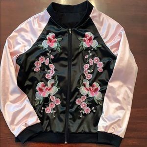 Girls/kids jacket black & pink floral stitching